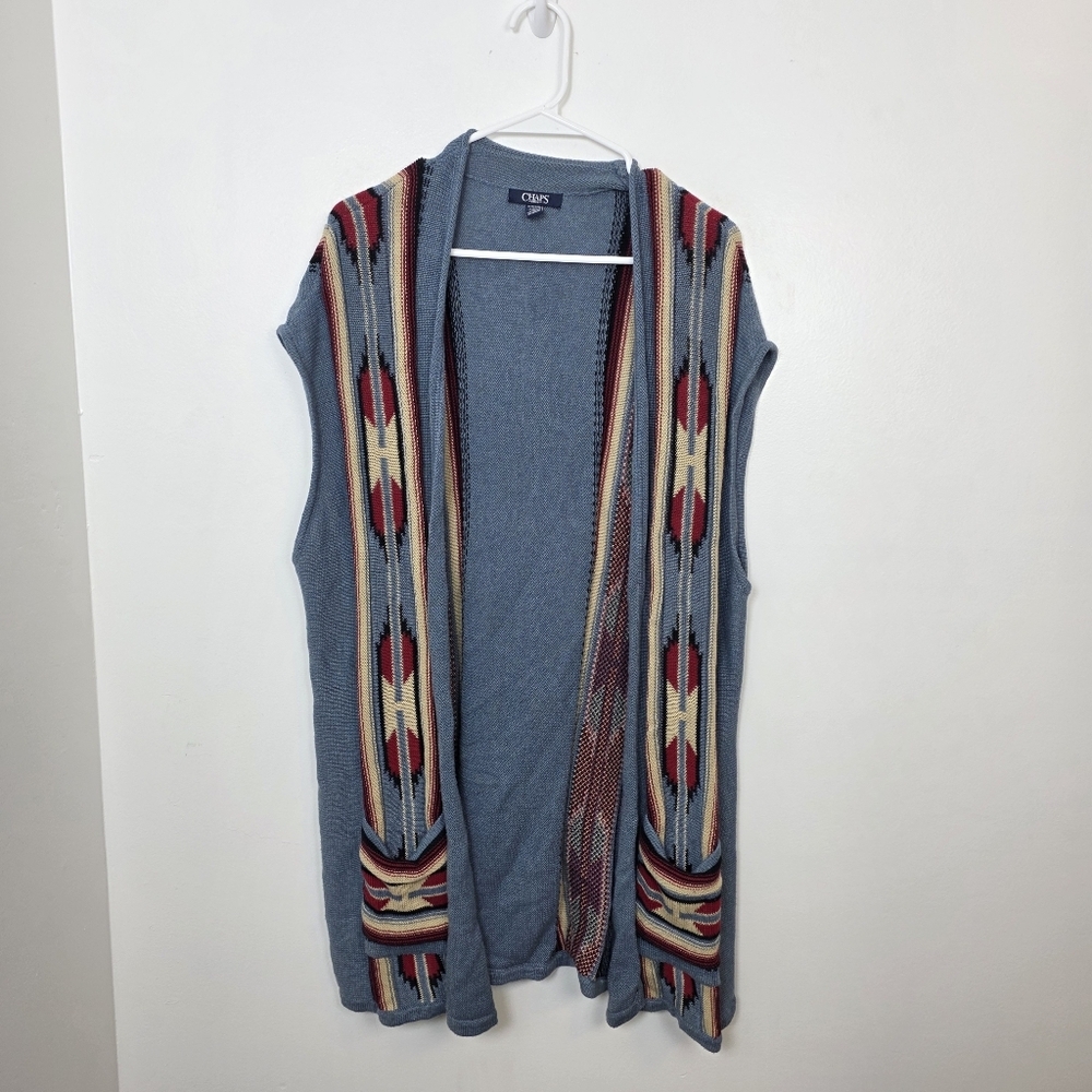 Chaps‎ Blue Red Cream Southwestern Rodeo Sleeveless Duster Cardigan Size 2X - Picture 2 of 8
